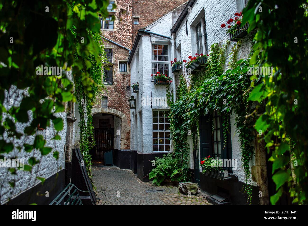 Anversa, Belgio - 12 luglio 2019: Accogliente vecchia strada con case in mattoni ad Anversa, Belgio Foto Stock