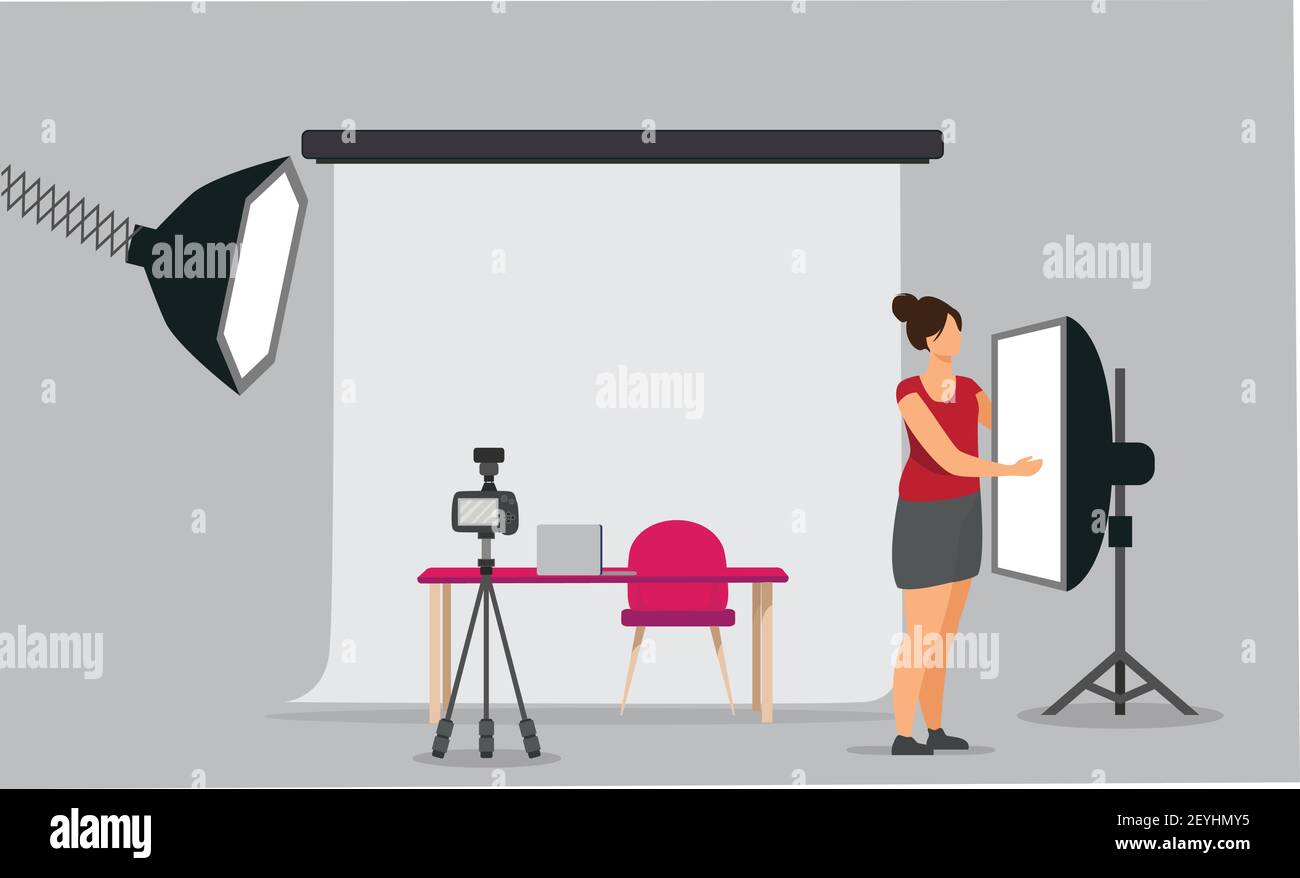 Una donna vlogger impostare una sessione di registrazione che interagisce con l'apparecchiatura di registrazione e sta per girare un video. Illustrazione Vettoriale