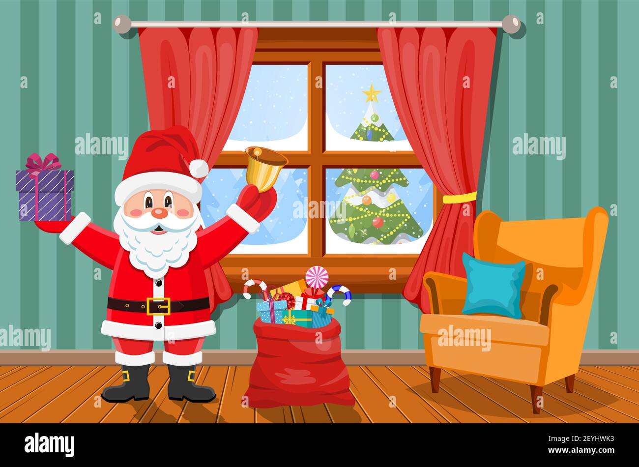 Santa in camera con albero di natale e regali. Illustrazione Vettoriale