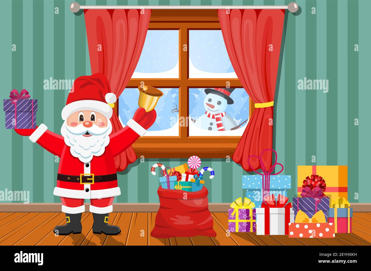 Santa in camera con albero di natale e regali. Illustrazione Vettoriale