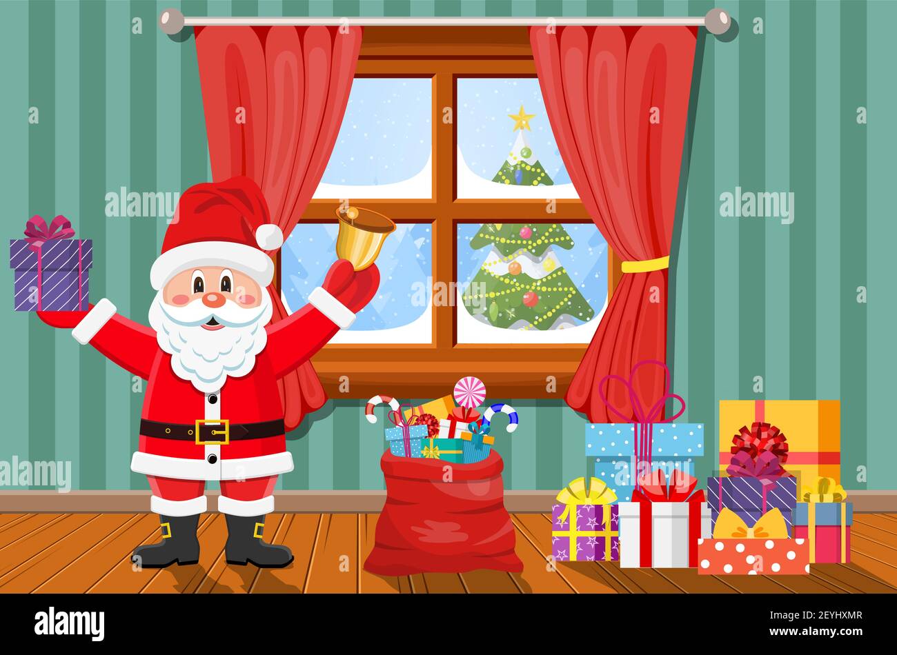 Santa in camera con albero di natale e regali. Illustrazione Vettoriale