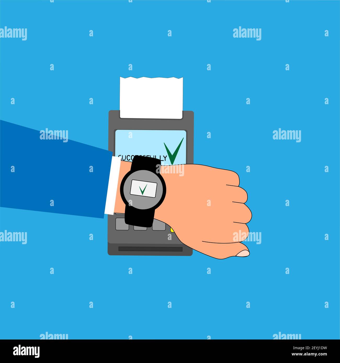 Una persona effettua un pagamento tramite un terminale bancario utilizzando un orologio intelligente. Illustrazione Vettoriale