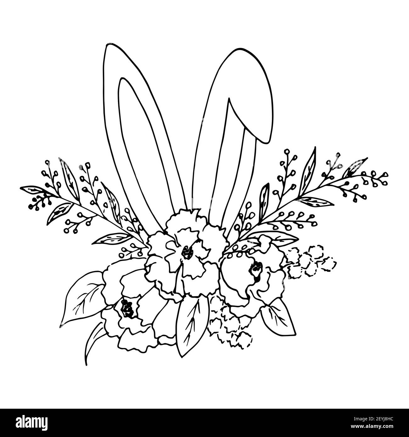 Schizzo di un bouquet pasquale di fiori e foglie con orecchie sporgenti di un coniglietto. L'illustrazione vettoriale nello stile del disegno manuale lineart isola un bl Illustrazione Vettoriale