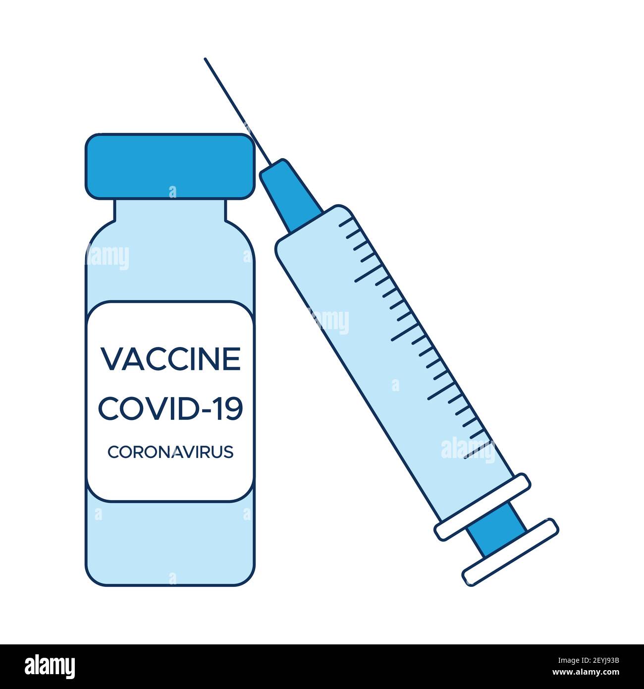 Concept COVID-19 vaccinazione, una fiala di vaccino e una siringa, un poster medico in tonalità di blu. Illustrazione vettoriale nello stile di un ico piatto Illustrazione Vettoriale