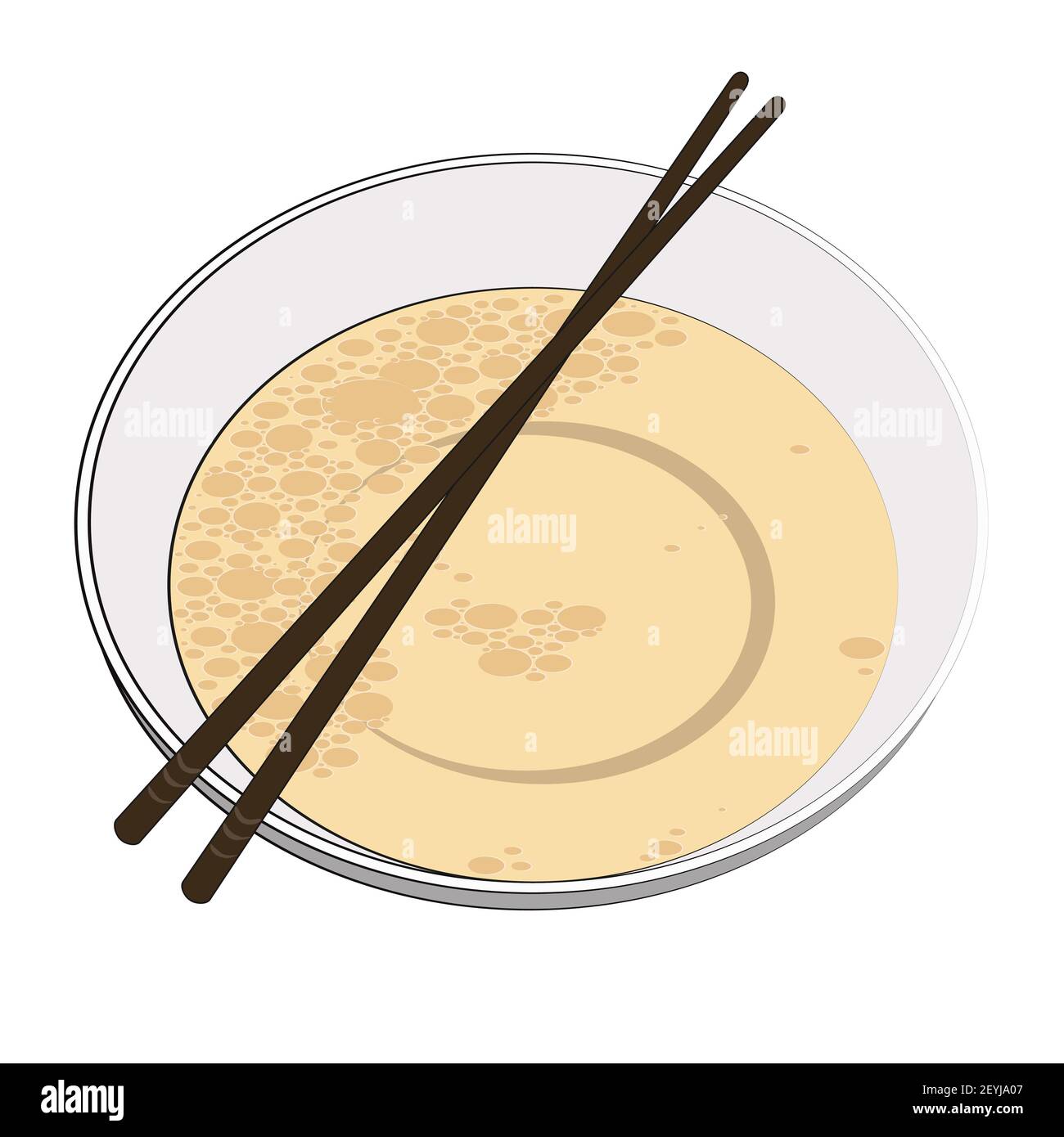 Ciotola giapponese con brodo e bastoncini di legno. Cucina tradizionale coreana o giapponese, adatta per zuppe di noodle ramen e altri piatti nazionali. Illu. Vettore Illustrazione Vettoriale