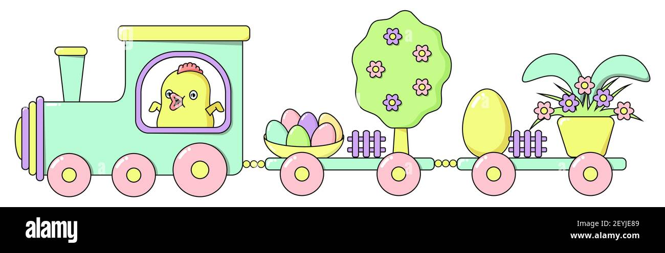 Treno di Pasqua felice con un pollo carino, un albero di primavera in fiori, uova dipinte luminose, un coniglio nascosto dietro un vaso di fiori in colori pastello. Horizonta Illustrazione Vettoriale