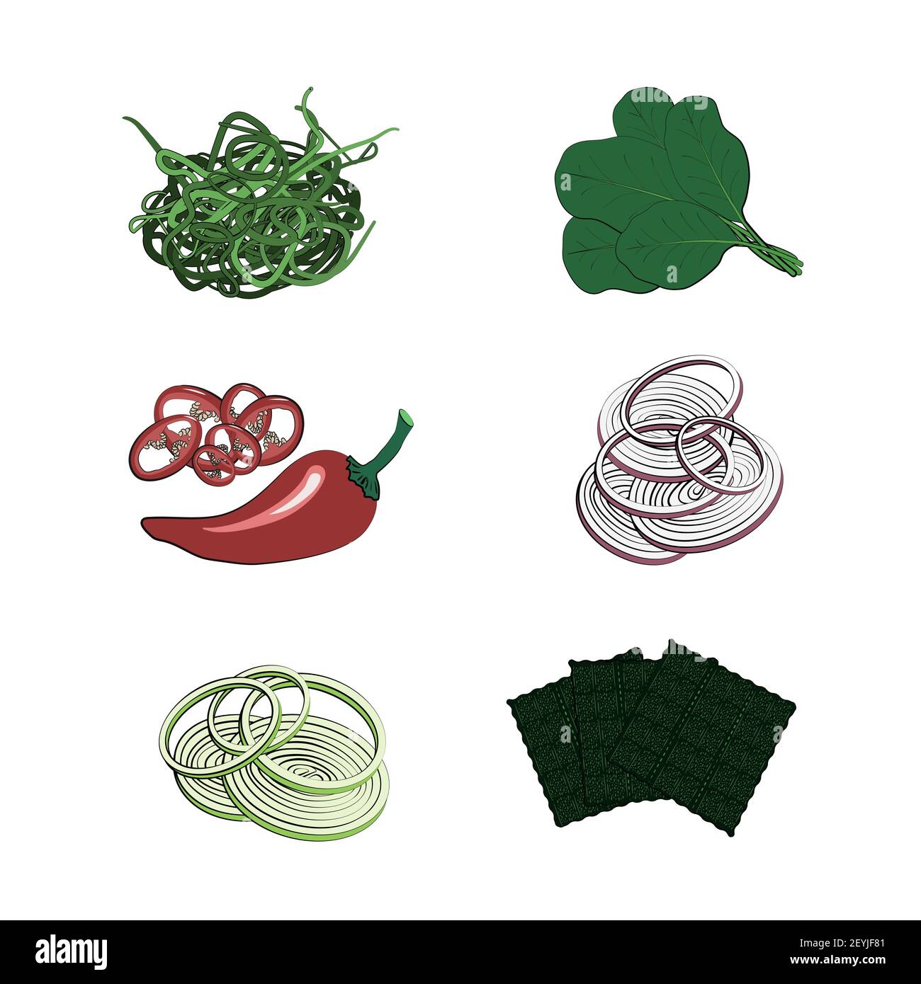 Cucina tradizionale giapponese o coreana - chuka, spinaci, cipolla, nori e peperoncino. Set di ingredienti per le tradizionali zuppe orientali di noodle ramen. Ve Illustrazione Vettoriale