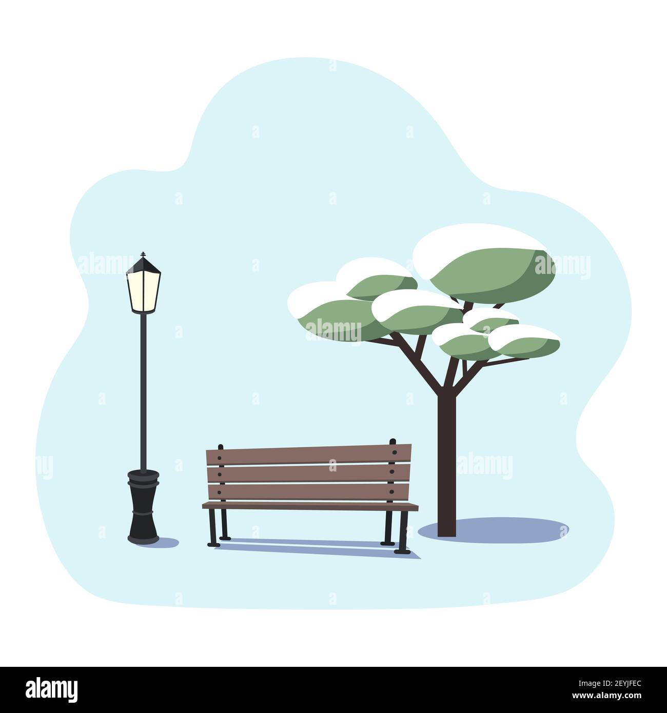 Paesaggio urbano invernale - una panca di parco vuota, un albero nella neve e una lampada stradale su sfondo blu. Illustrazione vettoriale, concetto di solitudine. Illustrazione Vettoriale