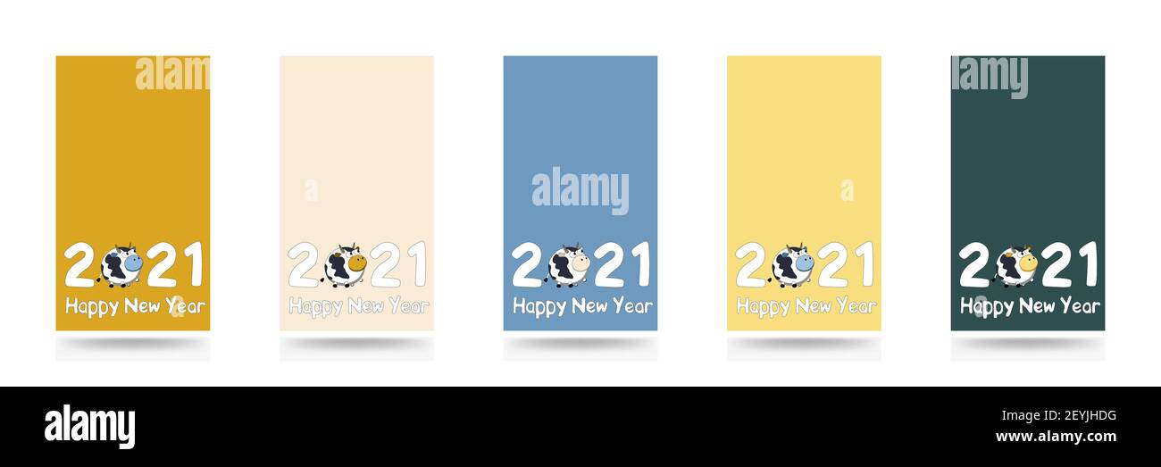 Set di banner Happy New Year 2021 storie vettoriali con il segno e il simbolo dell'anno Bull o Ox. Trend Colors Sail Champagne, Fortuna Gold, T. Illustrazione Vettoriale