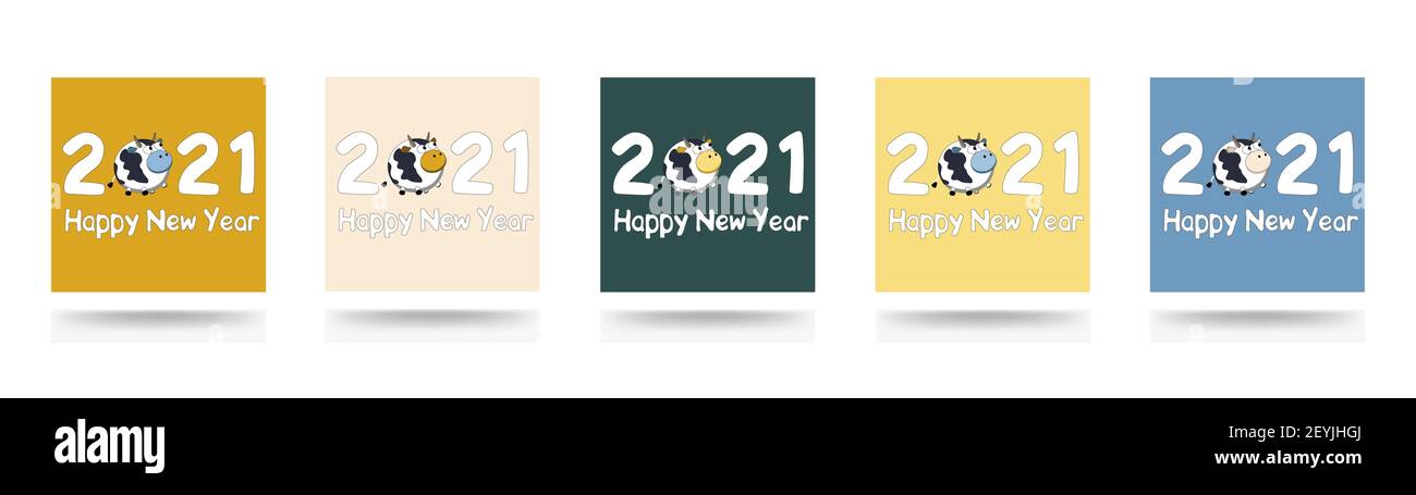 Set di banner Happy New Year 2021 storie vettoriali con il segno e il simbolo dell'anno Bull o Ox. Trend Colors Sail Champagne, Fortuna Gold, T. Illustrazione Vettoriale