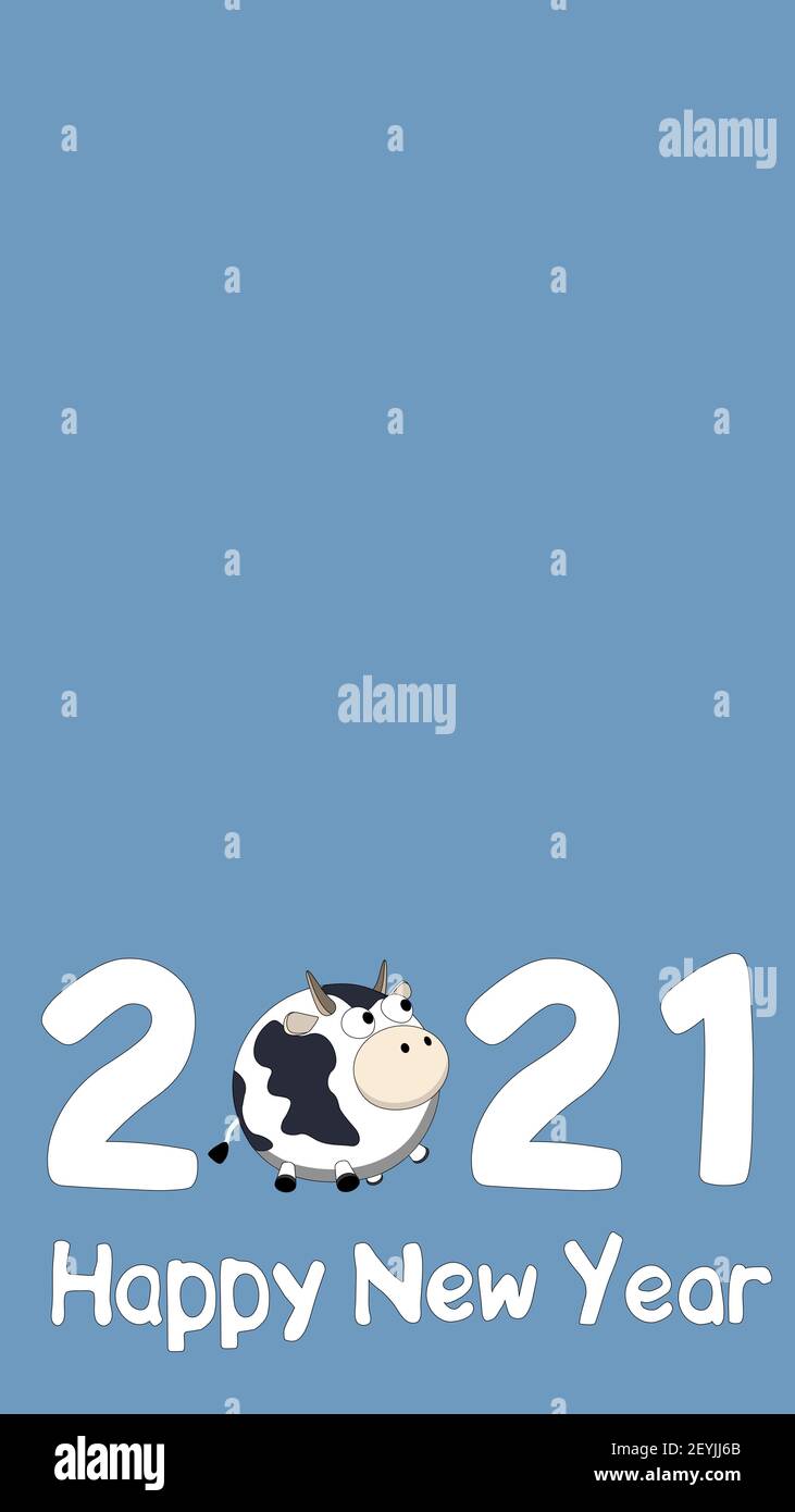 Felice anno nuovo 2021 sfondo vettoriale in colore blu con copyspace, testo e simbolo dell'anno Bull, Ox o Cow. L'illustrazione verticale della visione è suita Illustrazione Vettoriale