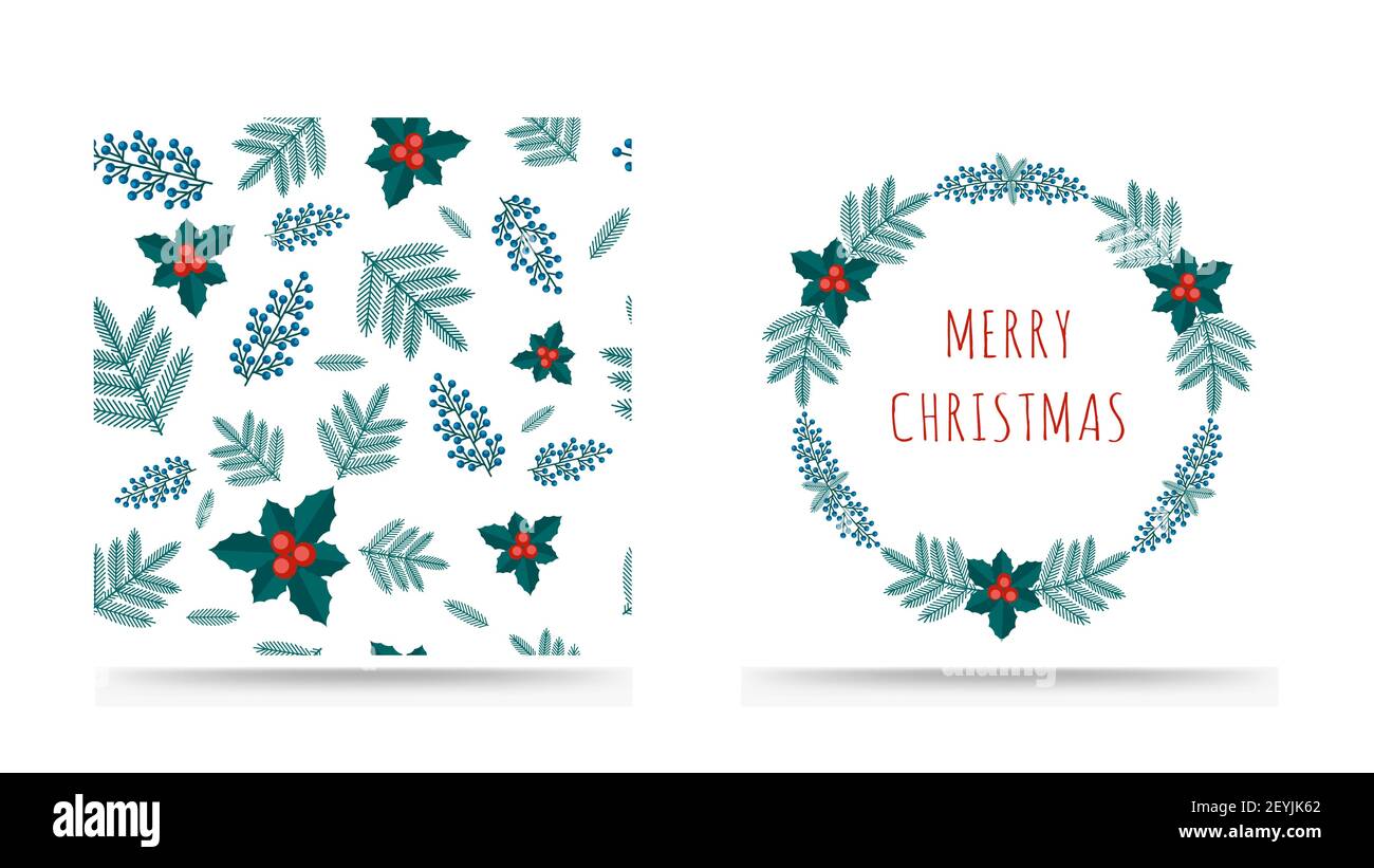 Collezione di auguri natalizi allegri e modello senza cuciture con piante invernali in stile retrò. Stock illustrazioni vettoriali con botanica Illustrazione Vettoriale
