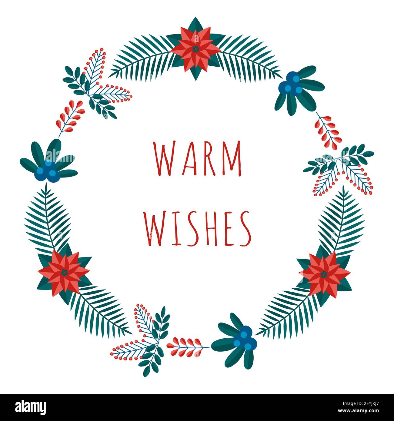 Cartolina di auguri di Natale con piante invernali in stile moderno e piatto. Illustrazioni vettoriali di stock con simboli botanici di vacanza - Illustrazione Vettoriale