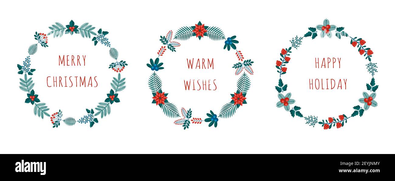Allegra collezione di biglietti d'auguri natalizi con piante invernali incorniciate in un moderno stile piatto. Illustrazioni vettoriali di stock con simboli botanici di h Illustrazione Vettoriale
