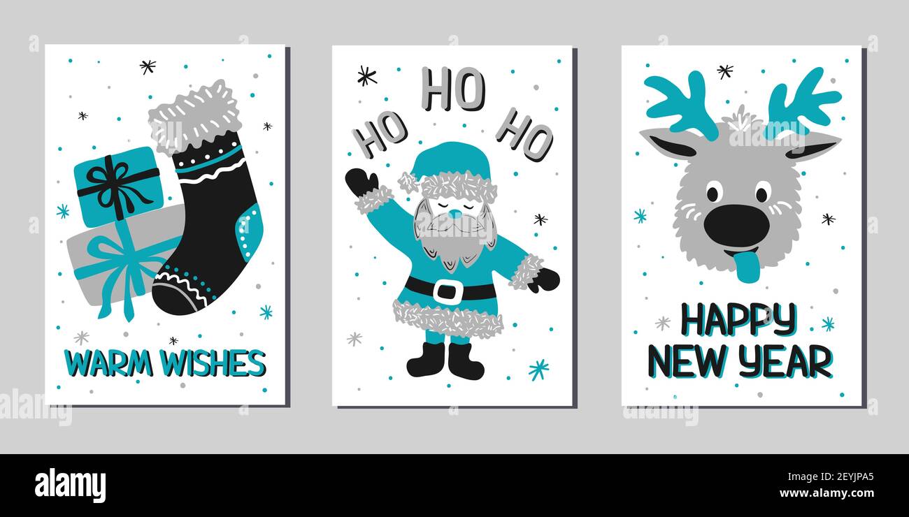 Collezione di biglietti d'auguri per Natale e Capodanno in stile scandinavo - turchese, argento e nero. Illustrazioni vettoriali di stock Illustrazione Vettoriale