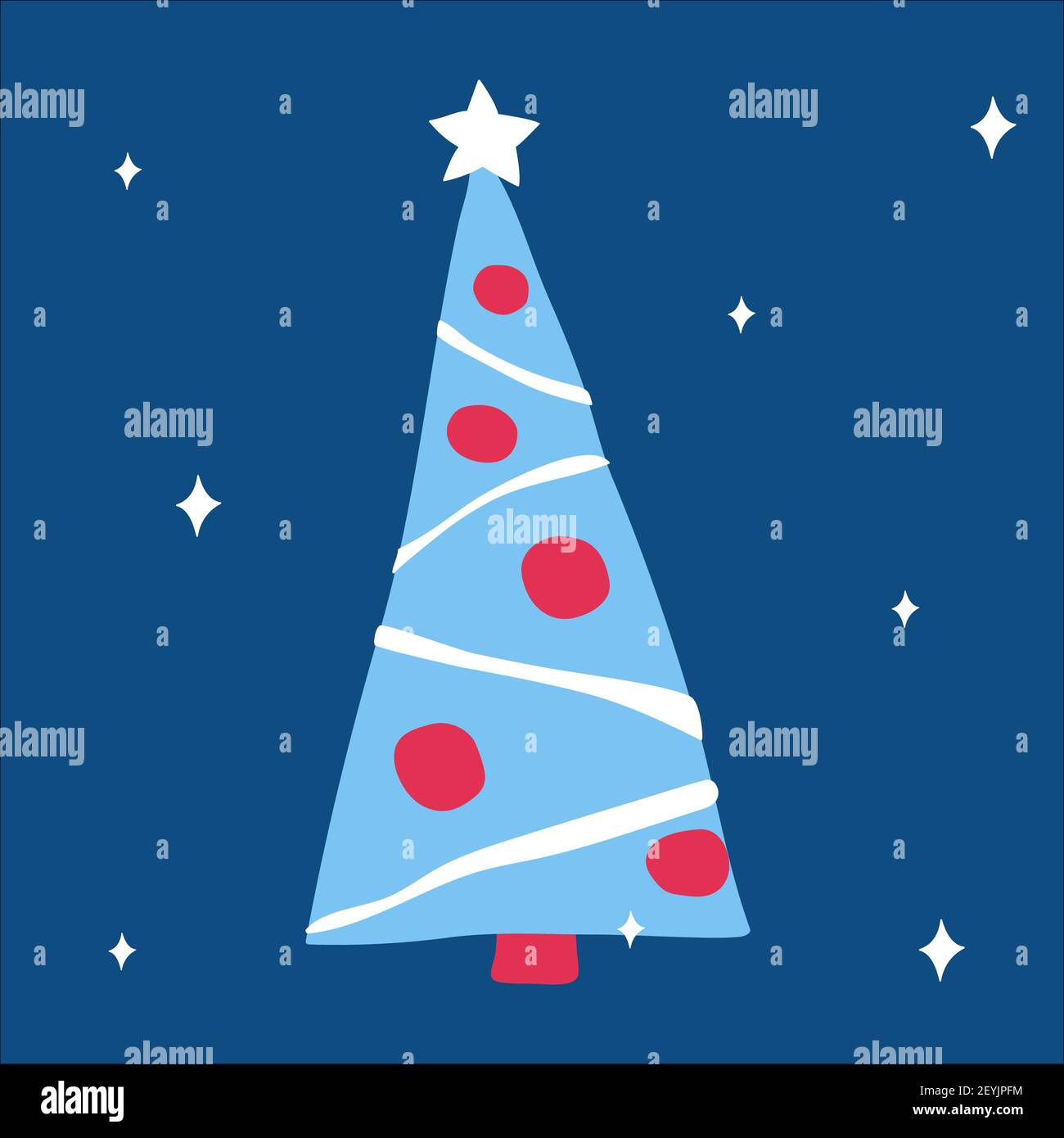 Bellissimo albero di Natale decorato con ghirlande e palle su un classico sfondo blu con fiocchi di neve. Illustrazione vettoriale, in scandinavo doodle s. Illustrazione Vettoriale
