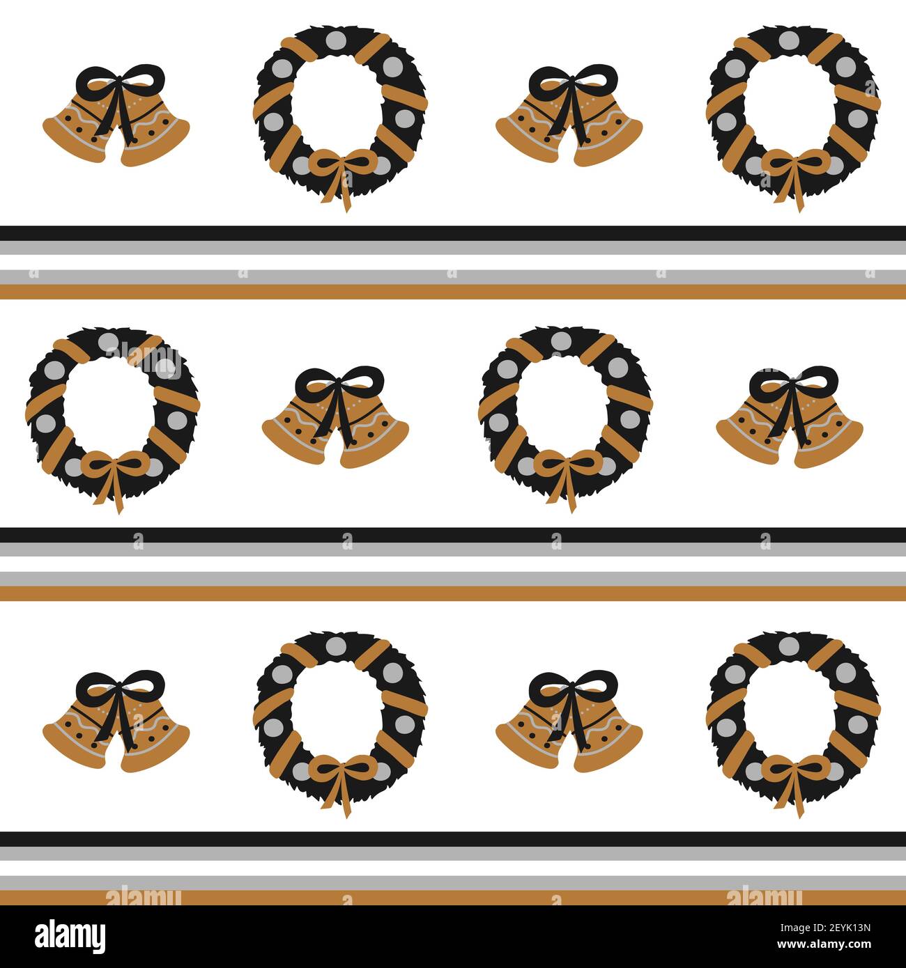 Motivo vettoriale di Natale senza cuciture con strisce orizzontali ripetute di oro, argento, nero con corona di festa e campane su sfondo bianco Illustrazione Vettoriale