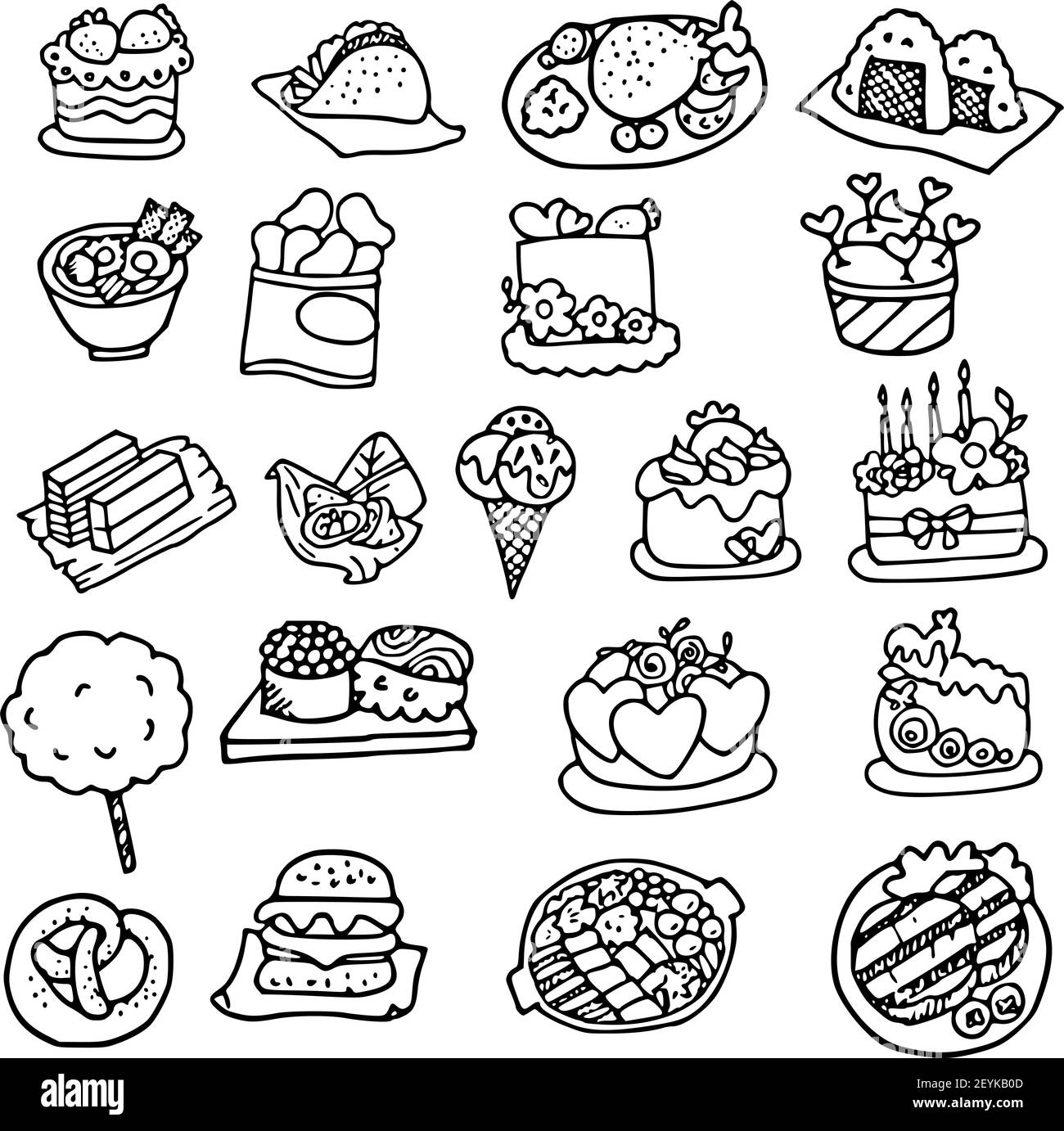 vector cartone animato cibo nero e bianco sfondo set Foto Stock