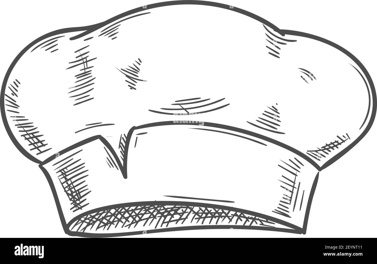 Bianco chef cappello isolato disegno a mano. Baker vettoriale o cappuccio di cottura, headdress di kitchener Illustrazione Vettoriale