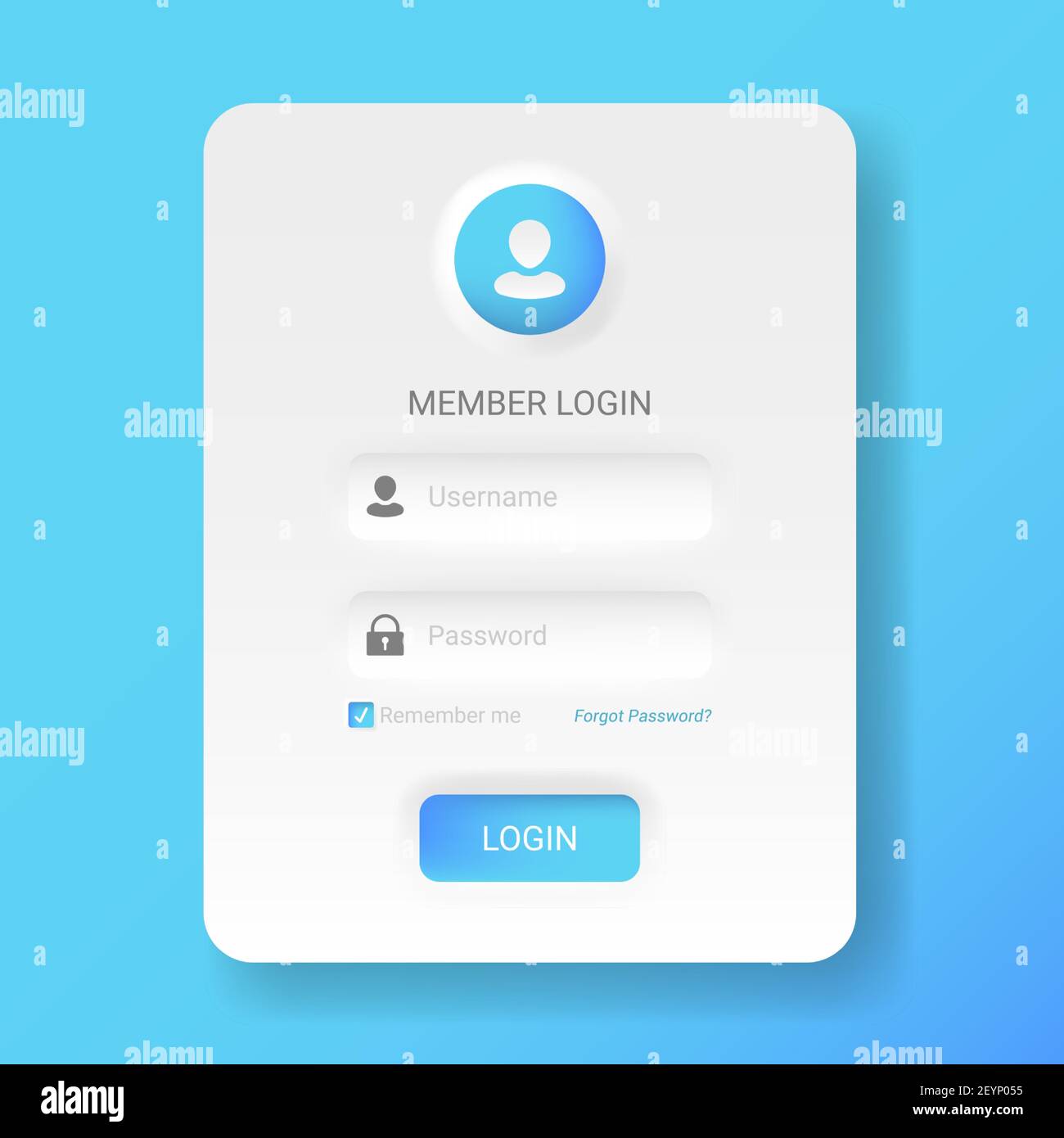 Menu di login dei membri in stile neomorfico o neomorfista, moderno kit UI UX 2020 minimalistico bianco, illustrazione vettoriale facile da modificare. Illustrazione Vettoriale