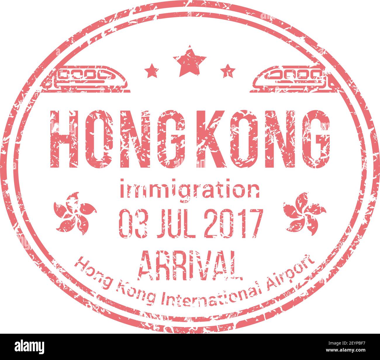 Hong Kong International visto timbro isolato confine pass in treno. Arrivo della ferrovia vettoriale in Cina Illustrazione Vettoriale
