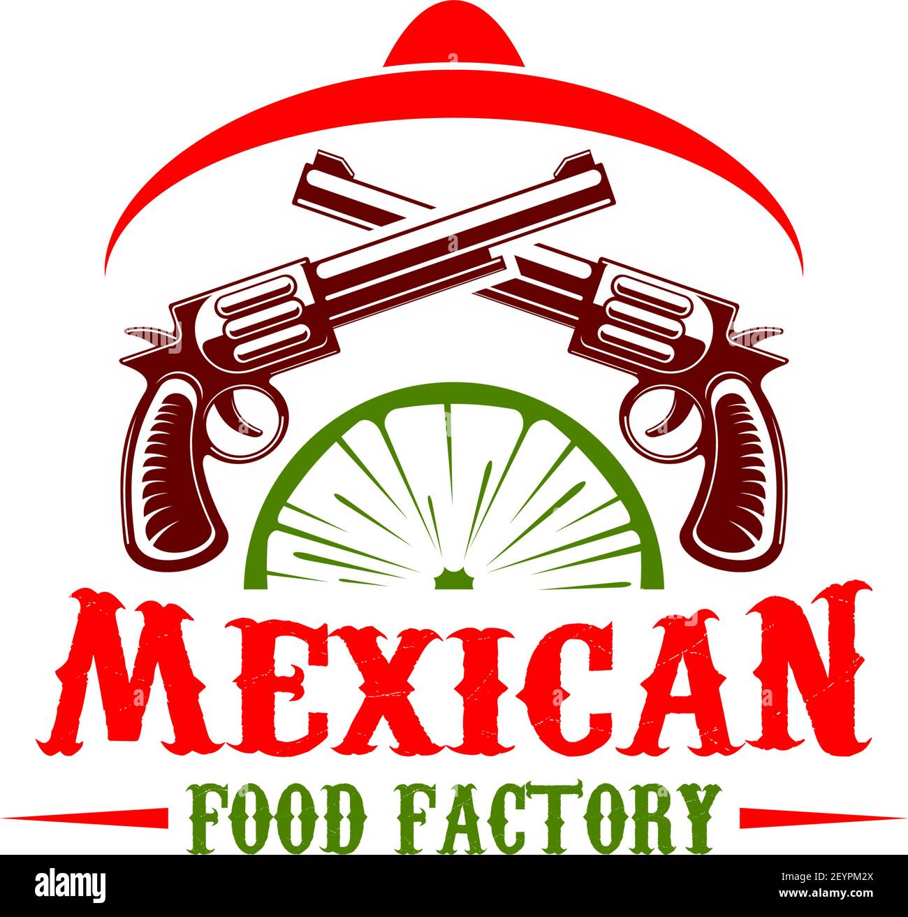 Icona vettoriale per la fabbrica di cibo messicana. Insegna di cucina messicana per il ristorante o il fast food. Simbolo di cappello sombrero, rivoltelle e calce. Badge colorato per Illustrazione Vettoriale