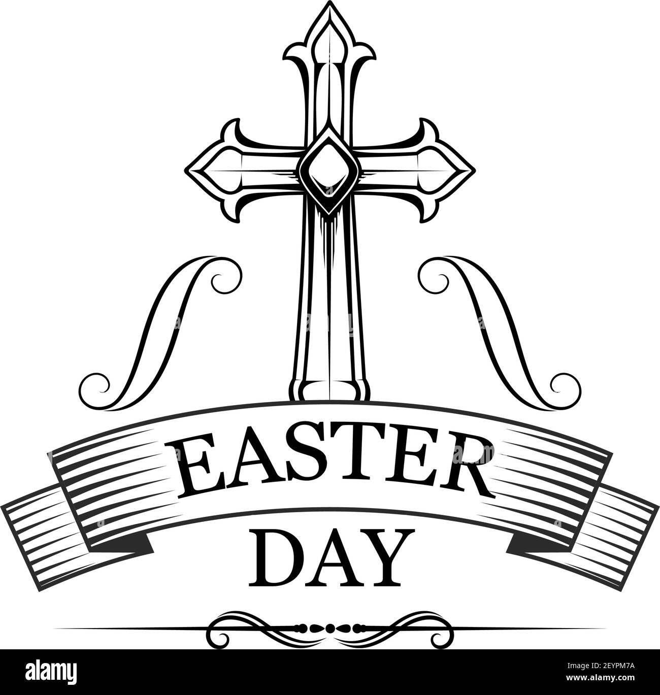 Etichetta vettore giorno di Pasqua. Monogramma bianco e nero con croce cristiana, simbolo della risurrezione di Gesù Cristo. Poster vettore vacanze pasquali, Illustrazione Vettoriale