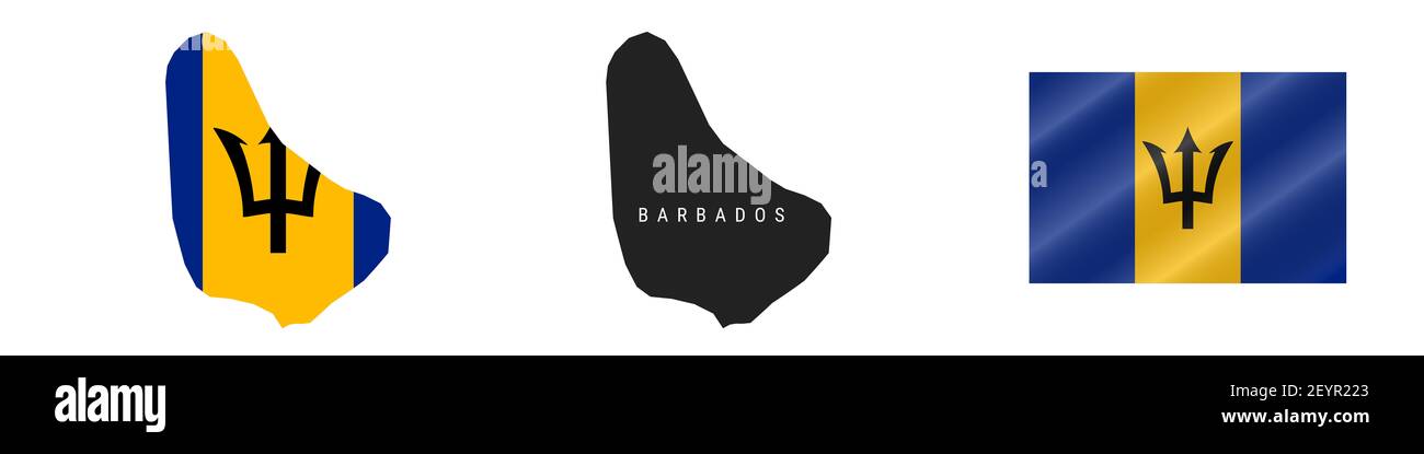 Barbados. Mappa con bandiera mascherata. Silhouette dettagliata. Flag di ondulazione. Illustrazione isolata su bianco. Foto Stock