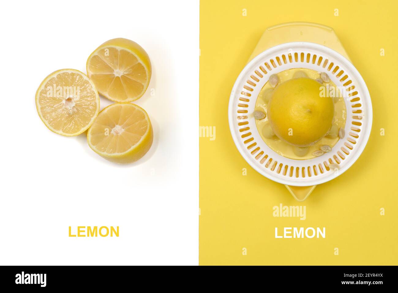 Layout creativo realizzato in spremiagrumi con limoni. Foto ad alta risoluzione. Profondità di campo completa. Foto Stock