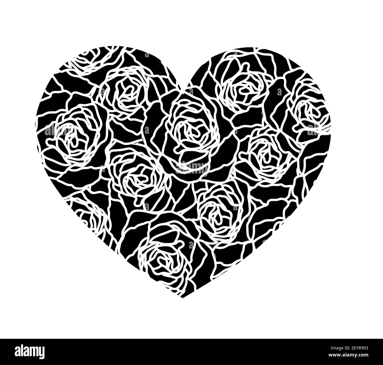 San Valentino cuore giorno. Cuore con fiori. File di taglio del cuore. Amore. File di taglio di San Valentino. Matrimonio. Cuore . Fiori Illustrazione. Illustrazione in bianco e nero. Foto Stock