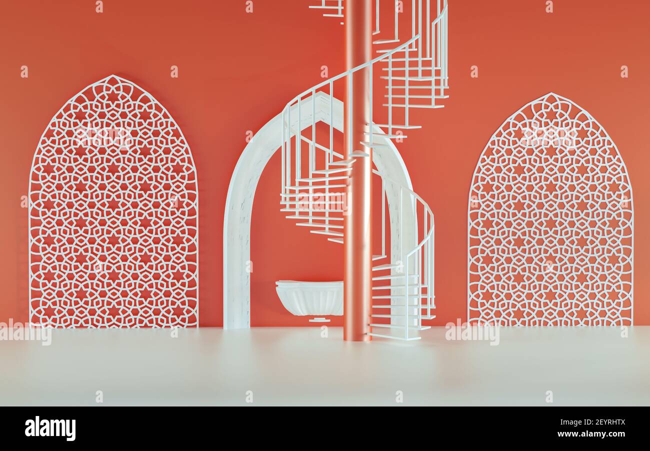 Camera interna con semplice decor arabo. Decorazione Islamica. Scale bianche. Sfondo chiaro con spazio per la copia. Rendering 3D per pagina Web, presentazione Foto Stock