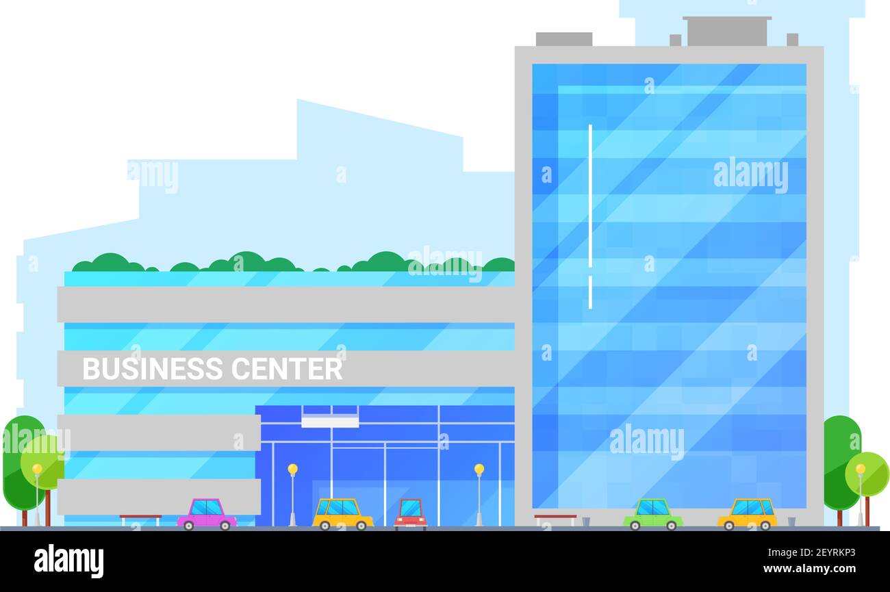 Business center edificio isolato vettore. Costruzione di architettura moderna, costruzione esterna di uffici, auto di fronte Illustrazione Vettoriale