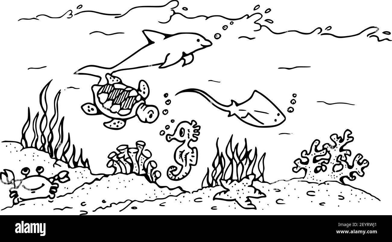 Vignetta vettoriale sotto i coralli marini, delfini, tartarughe, cavallucci marini, razze, granchi Illustrazione Vettoriale