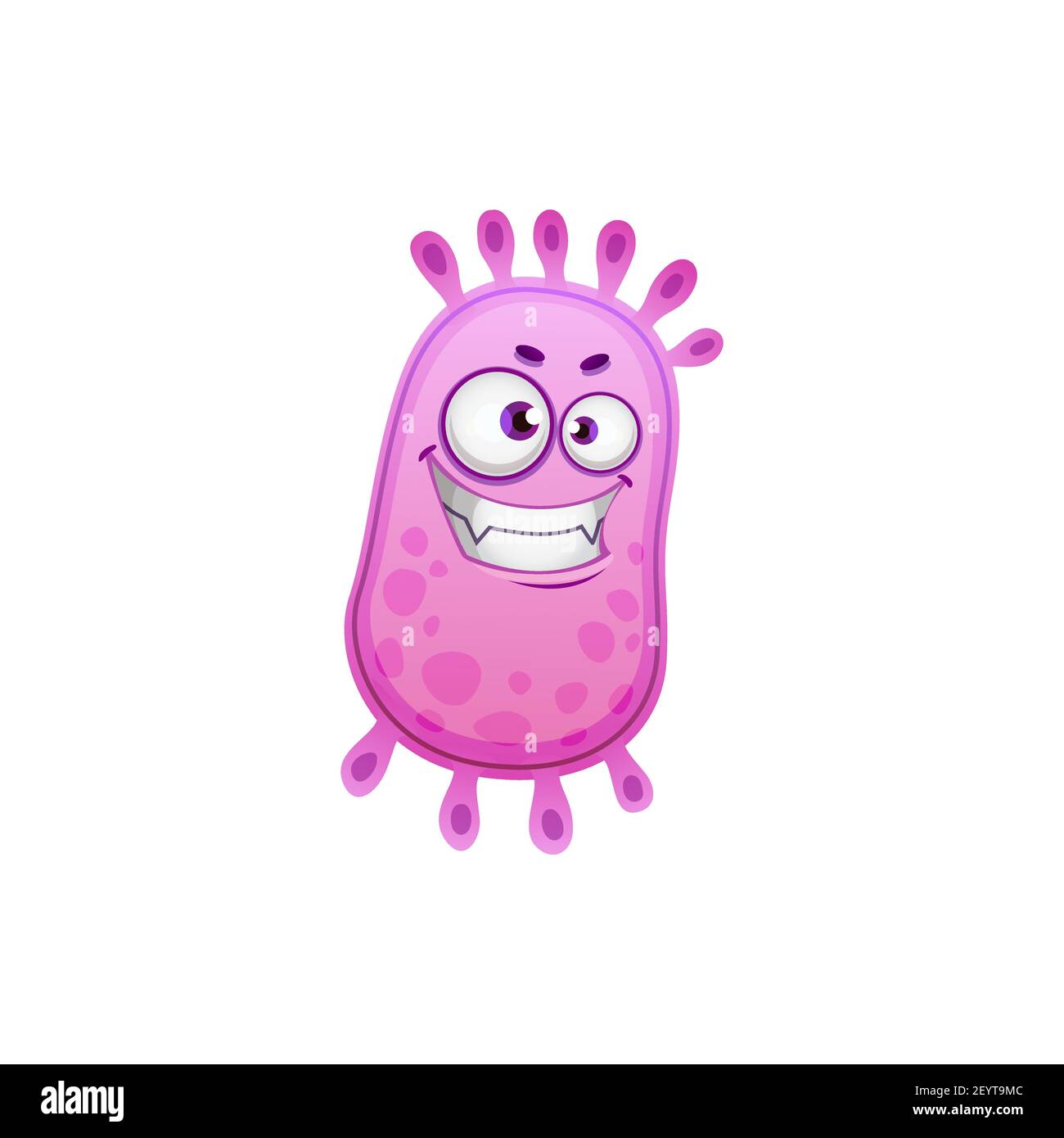 Virus emoticon con punte rosa isolato cartoon malvagi germi. Vettore sorridente batteri, infezione epidemica, pandemia fumetto germe. Malato patogeno influenzale Illustrazione Vettoriale