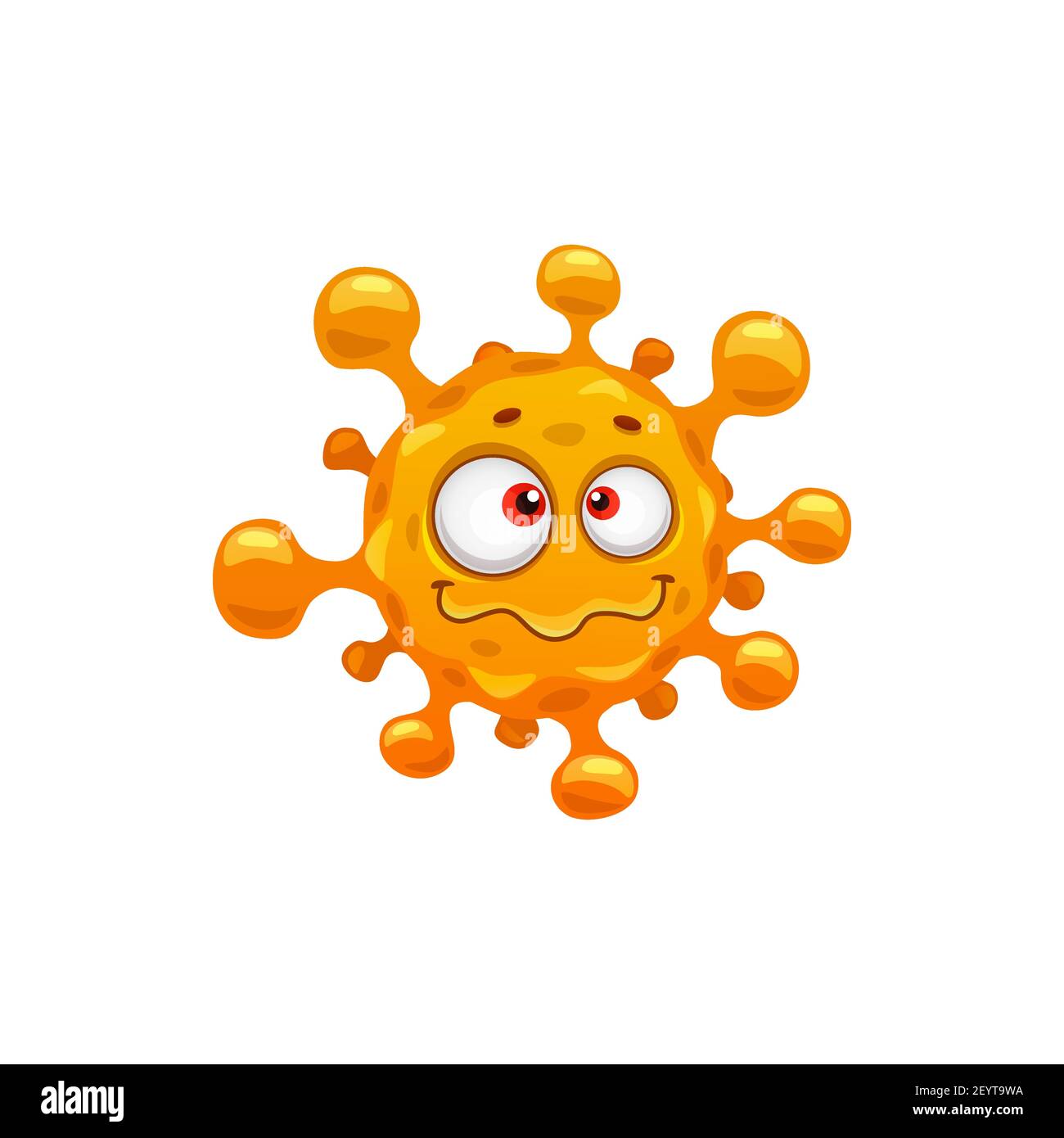 Microrganismo sconvolto emoticon isolato arancione cartone animato virus. Vettore rotondo carattere batterico, microrganismo con occhi grandi, patogeno batterico divertente. Illustrazione Vettoriale