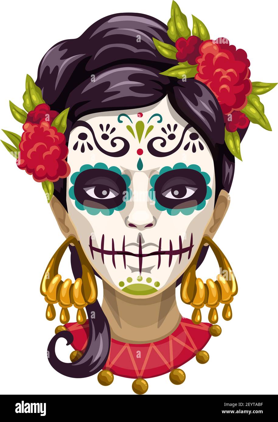 Donna in pittura Catrina Calavera cranio, messicano giorno di morte simbolo. Zucchero vettore faccia isolata Illustrazione Vettoriale