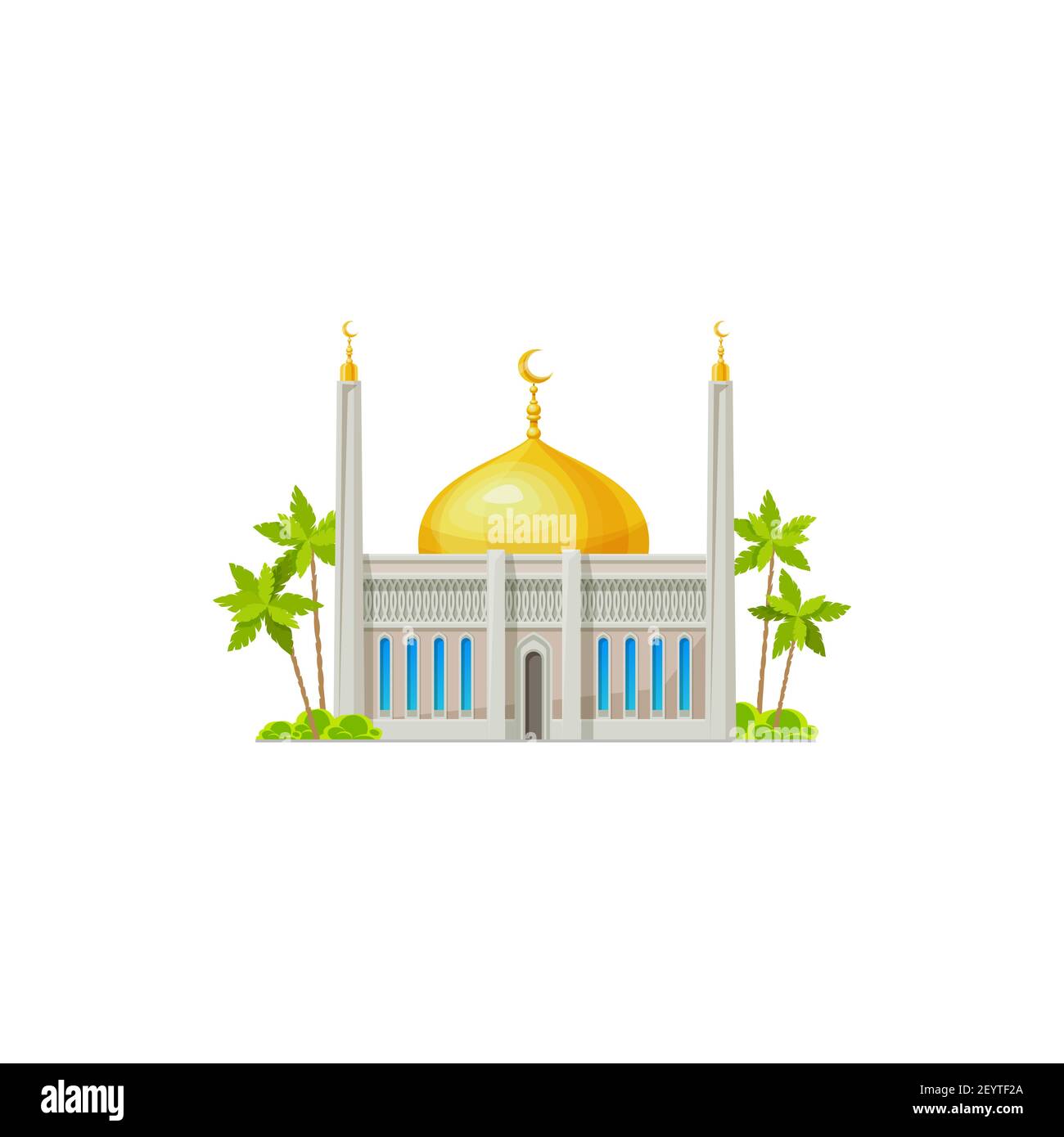 Architettura della religione araba, casa sultana, luogo di preghiera icona isolata. Moschea musulmana vettoriale, edificio religioso islam. Masjid tempio, punto di riferimento minareto Illustrazione Vettoriale