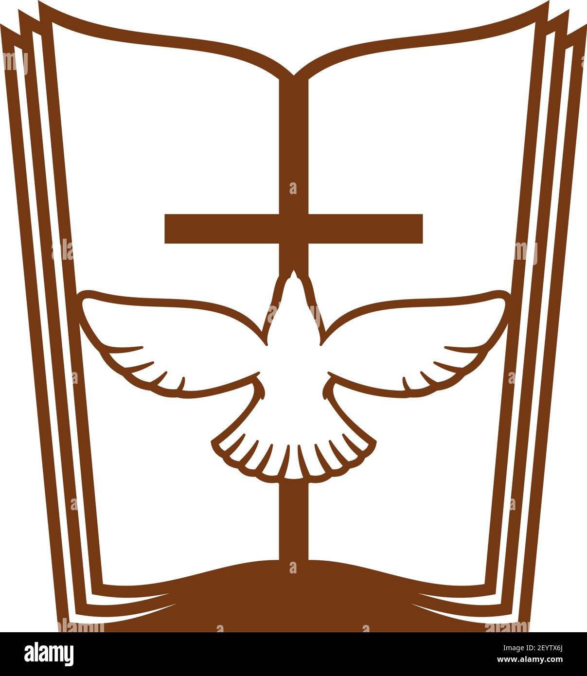 Bibbia aperta, croce e Santa colomba isolato. Simboli di religione vettoriale, vangelo e crocifisso Illustrazione Vettoriale