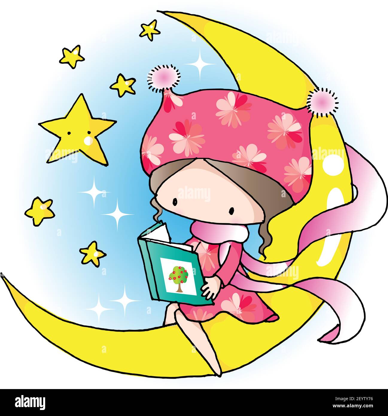 vettore cartoon ragazza lettura sulla luna con stella Illustrazione Vettoriale