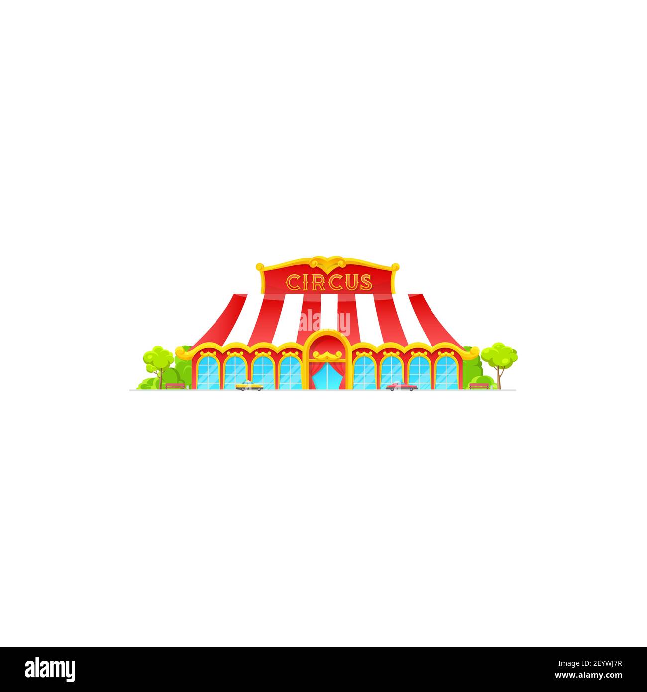 Marmo rosso e finestre blu, tenda di divertimento di circo edificio. Vector moderna costruzione architettonica di circo arena, divertimento s Illustrazione Vettoriale