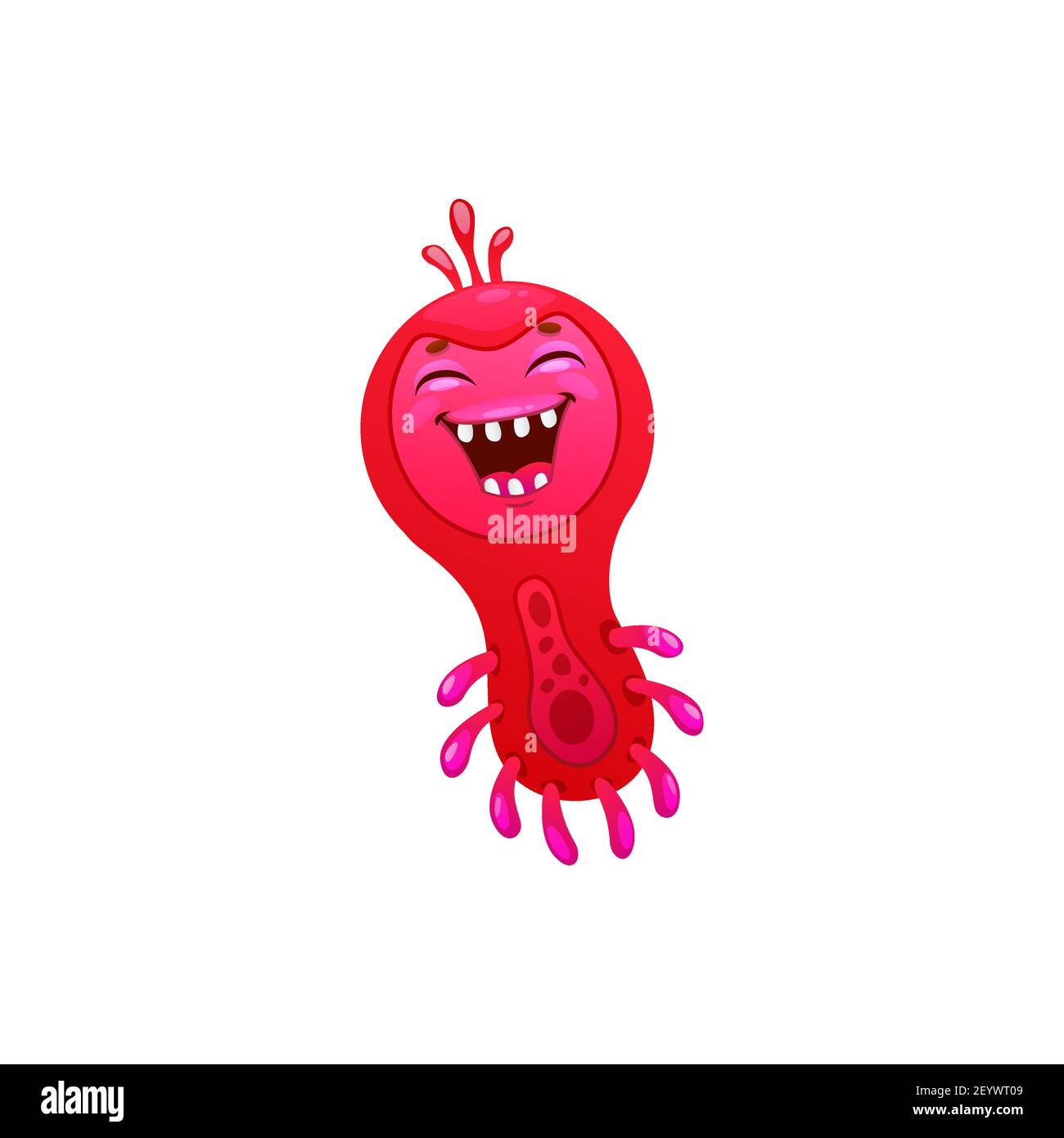 Carattere batterico, microrganismo con grandi occhi, patogeno divertente isolato germe in stile cartone animato. Vettore mostro rosa microbiologico, ridendo mutante b Illustrazione Vettoriale