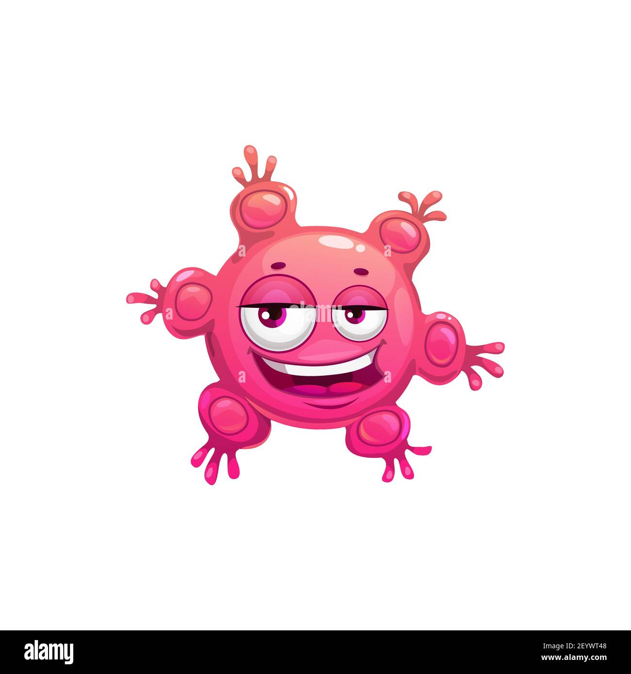 Icona vettore cellulare del virus Cartoon, carino batteri rosa, felice carattere germinale ridendo con viso divertente e pimples. Microbo patogeno sorridente con occhi grandi, Illustrazione Vettoriale