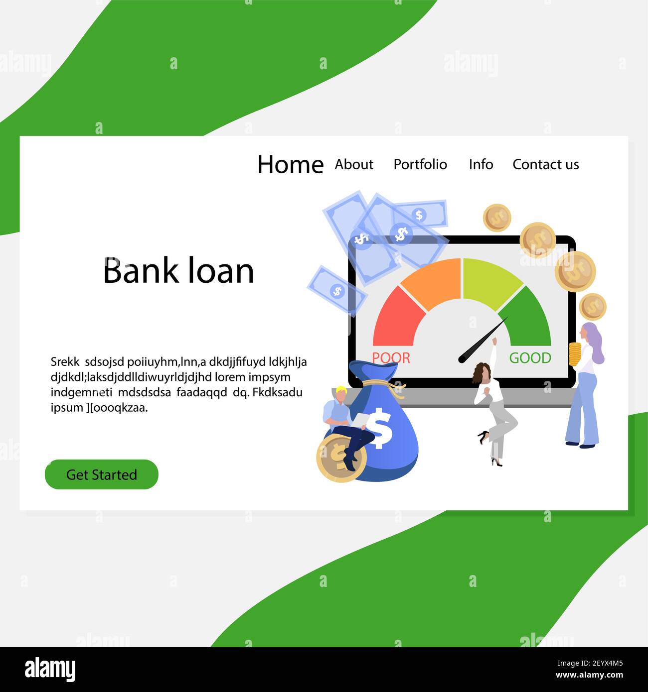 Pagina di destinazione del prestito bancario, modello di sito Web del reparto crediti. Online immediatamente debito in contanti, business gauge tasso di credito, vettore misurazione prestazioni, mea Illustrazione Vettoriale