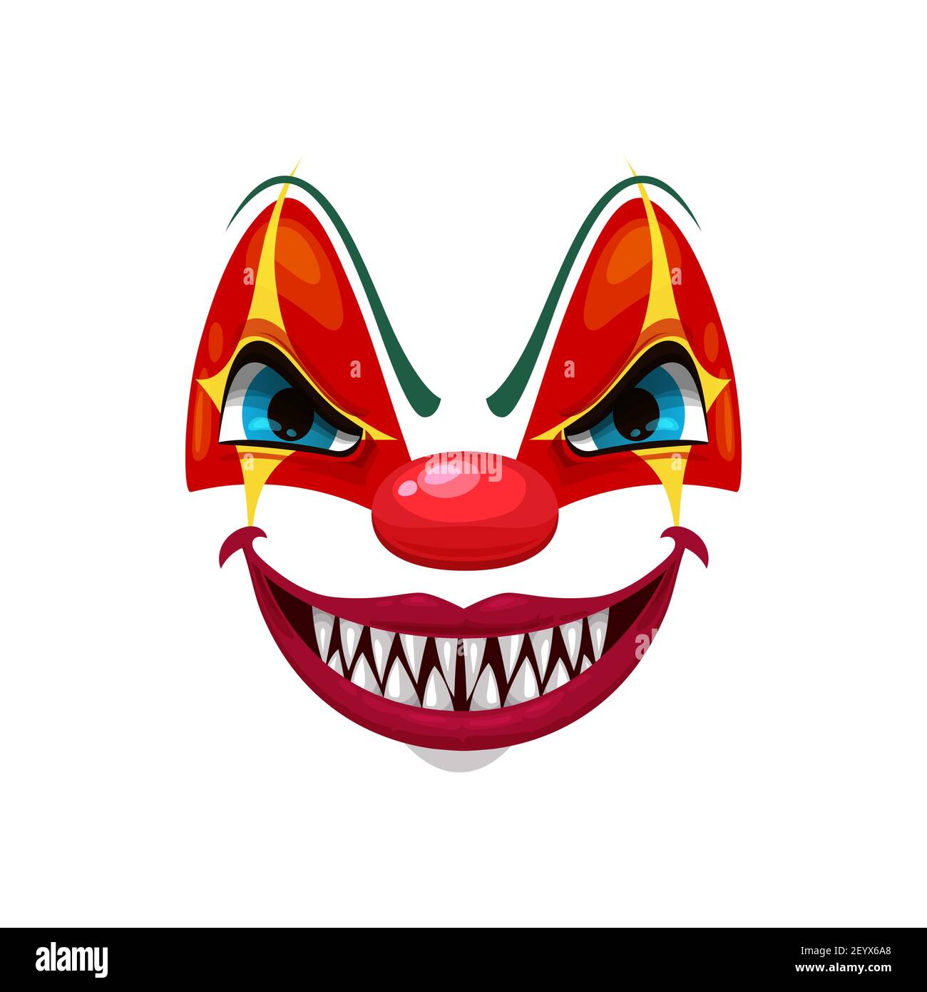 Icona del vettore del volto sorridente del clown spaventoso, maschera funster con trucco, naso rosso, occhi squinted e sorriso creepy con denti gialli affilati. Personaggio di Halloween Illustrazione Vettoriale