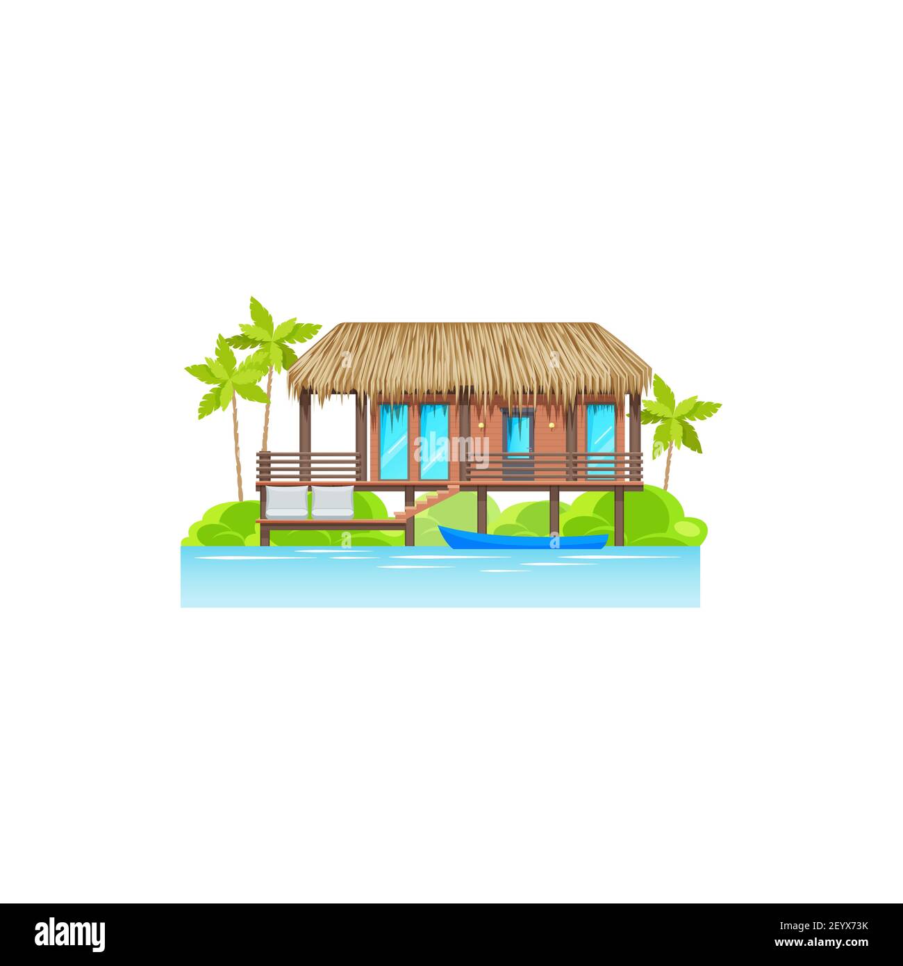 Casa, villa o cottage sulla spiaggia con palme e barca in acqua isolato icona. Vector Beach House edificio, casa sul mare di isola tropicale, oce Illustrazione Vettoriale