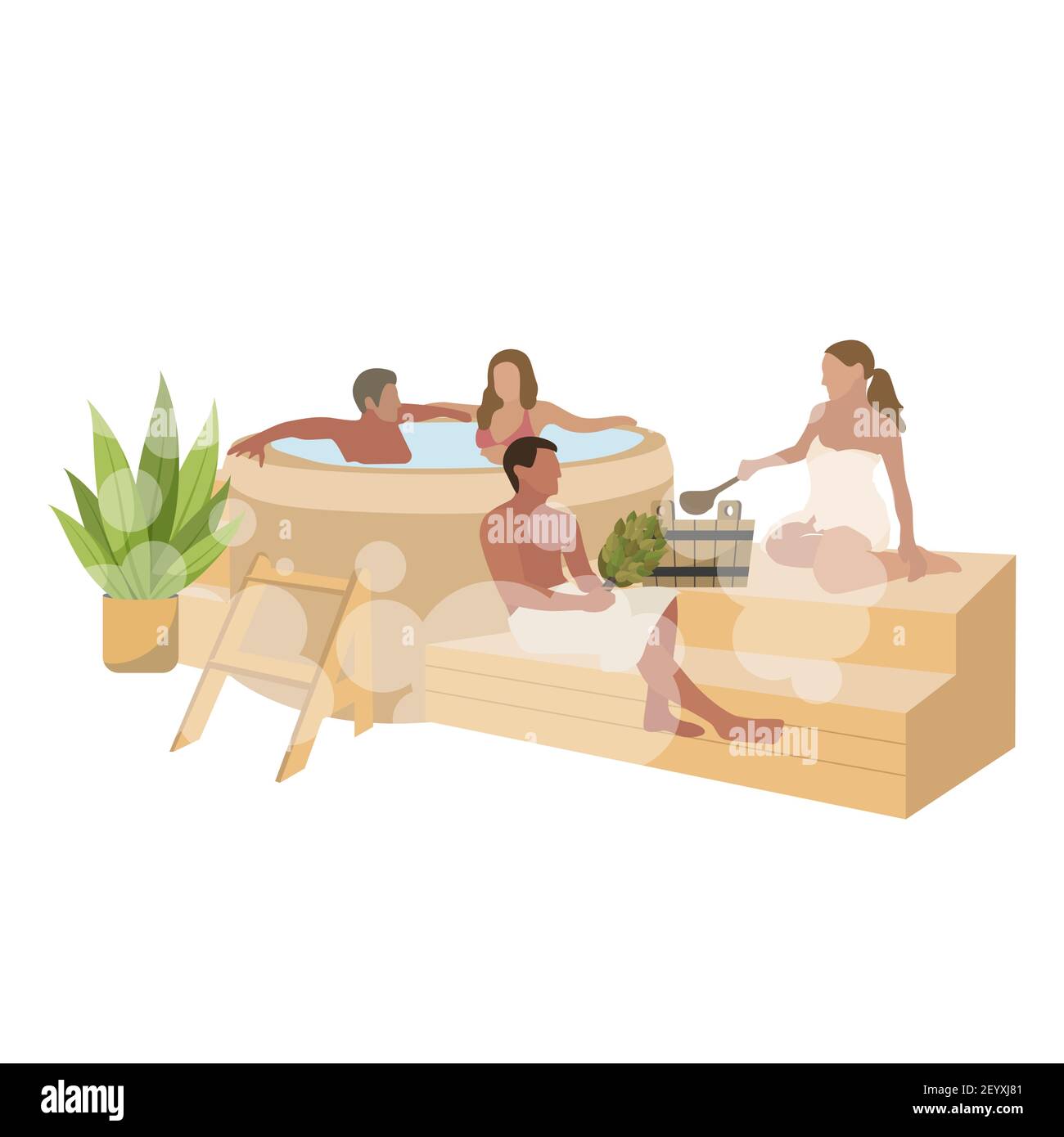 Concetto di sauna, persone che riposano in bagno, piscina e panca di legno. Vector spa terapia e cura del corpo trattamento, relax e ricreazione illustrazione Illustrazione Vettoriale