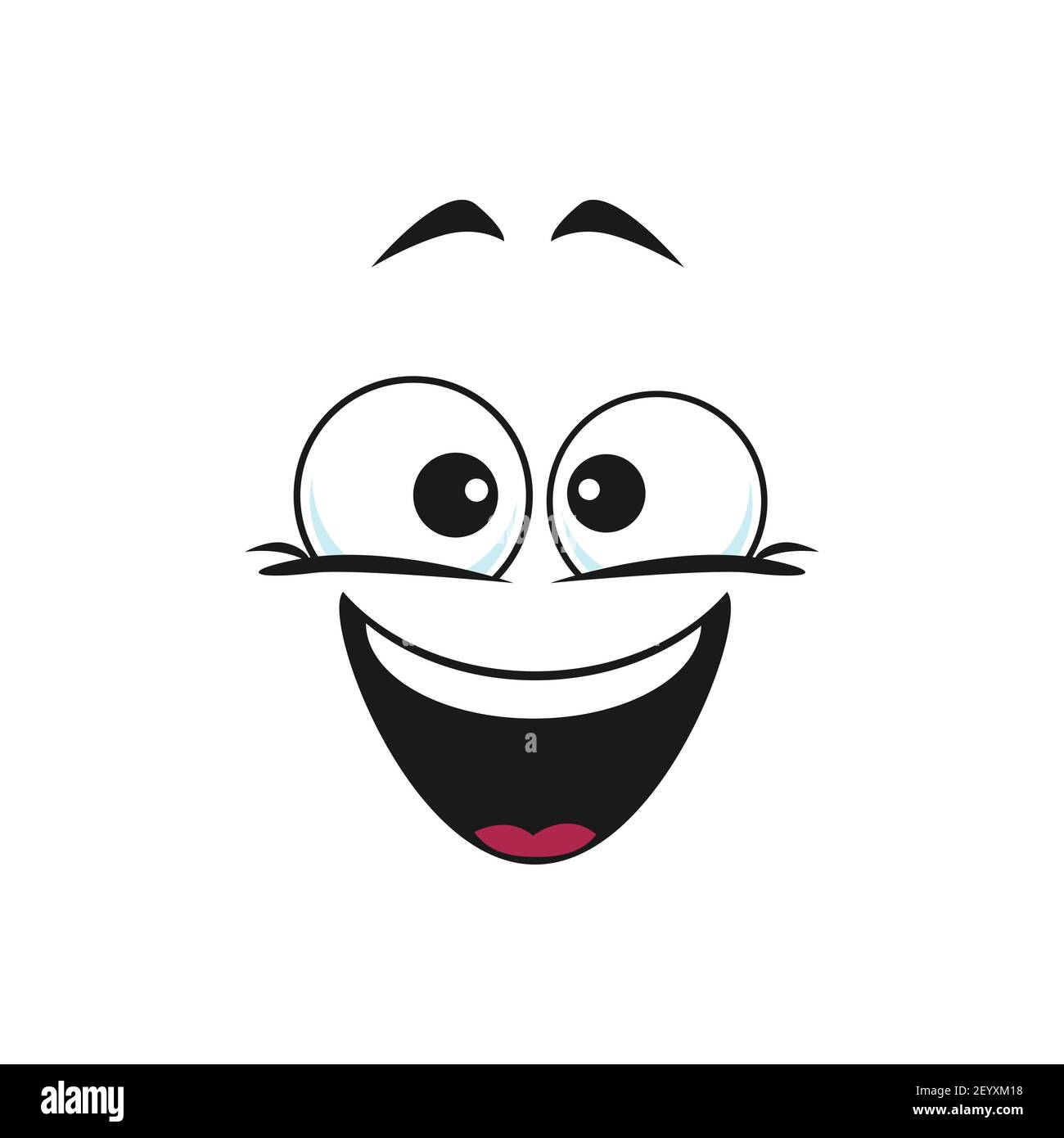 Happy cartoon faccia isolato vettore icona, ampio sorriso emotji viso. Emozione divertente, faccia comica con bocca sorridente e occhi rotondi isolati su bianco Illustrazione Vettoriale