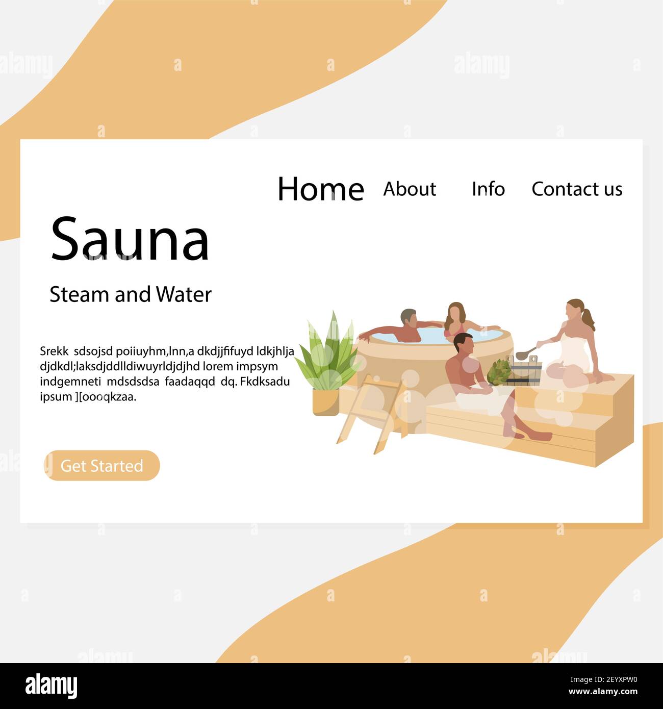 Landing page sauna, vapore e acqua relax. Terapia vettoriale in camera calda, la gente riposa panca di legno cartoon illustrazione Illustrazione Vettoriale