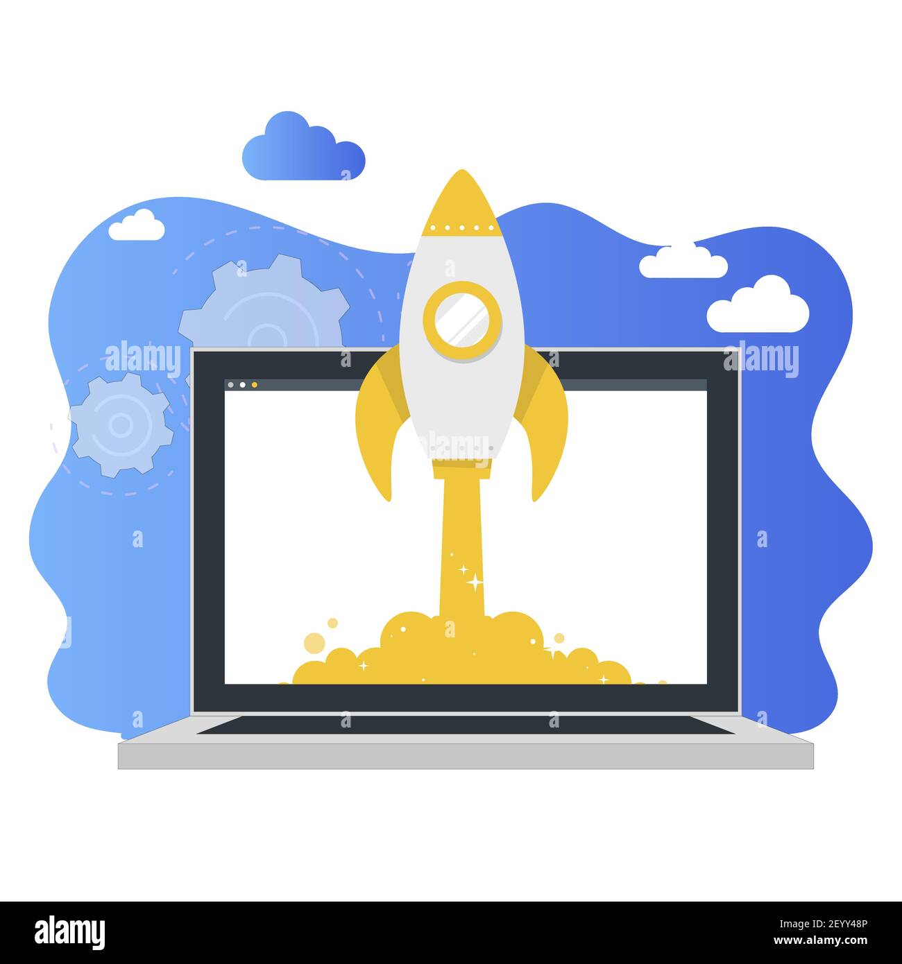 Lanciate il razzo dal concetto di laptop, di avvio aziendale. Progetto di innovazione, tastiera a forma di astronave, veicolo spaziale e decollo di navi da guerra. Vettore illustrati Illustrazione Vettoriale