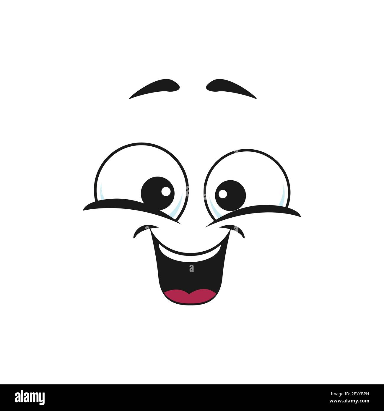 Happy cartoon faccia isolato vettore icona, ampio sorriso emotji viso. Emozione divertente, faccia comica con bocca sorridente e occhi rotondi isolati su bianco Illustrazione Vettoriale